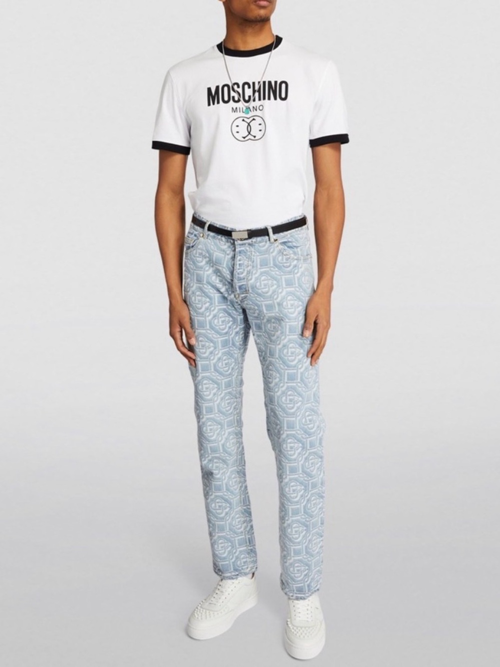 Moschino White Short Sleeve Logo Ringer Tee with Black Trim